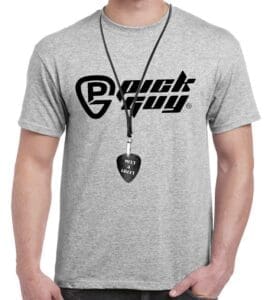A man in grey color t shirt with pick guy logo